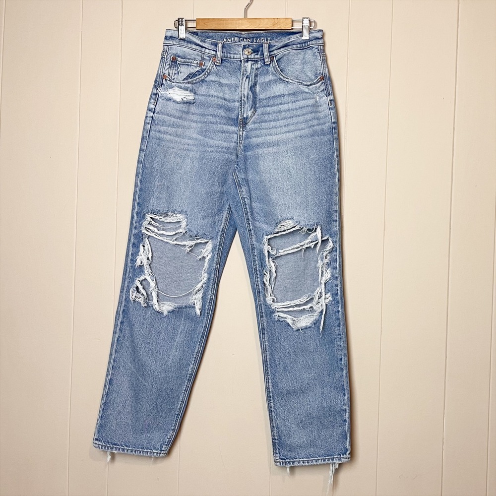 American Eagle Super High Rise Baggy Straight Jeans 6 SHORT light distressed - Picture 9 of 9